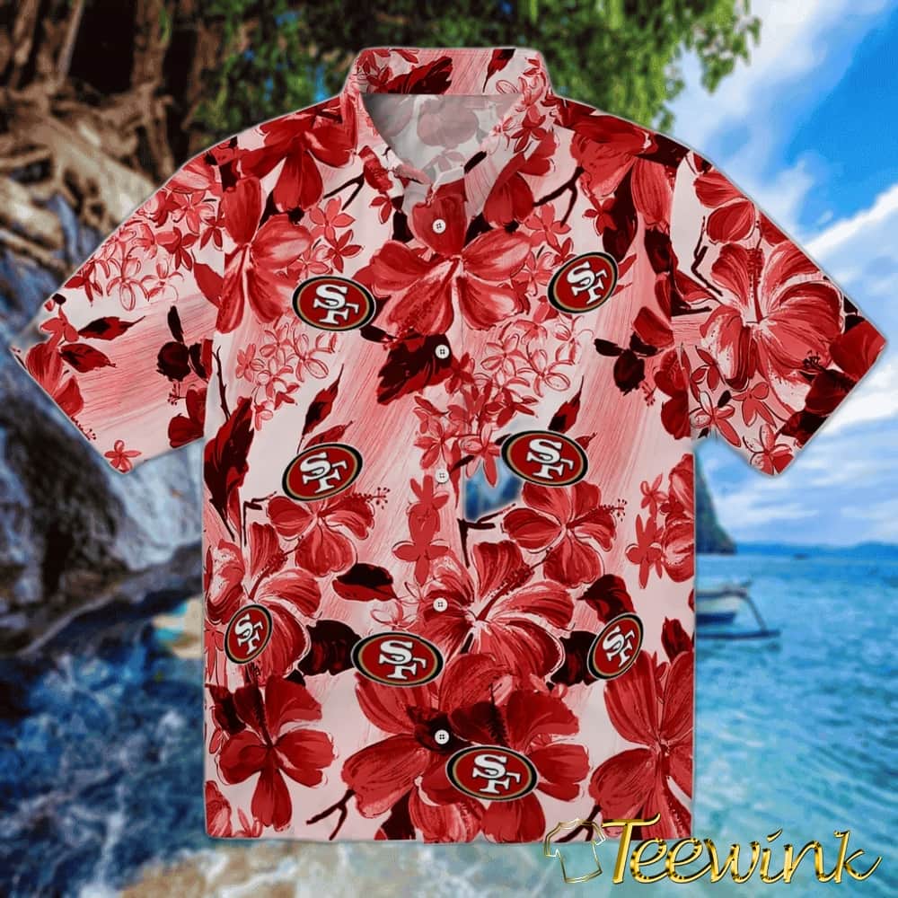 San Francisco 49ers Hawaiian Shirt – Hibiscus and Palm Leaves