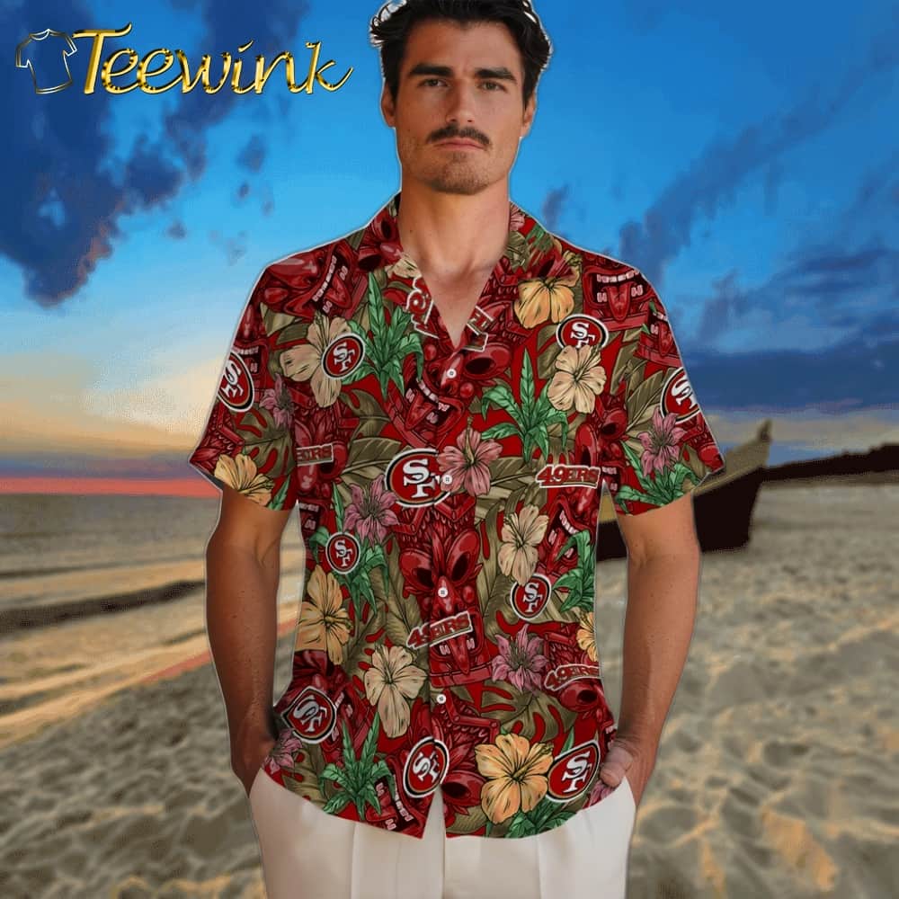 San Francisco 49ers Hawaiian Shirt – Hibiscus Tiki Jungle image 2 San Francisco 49ers Hawaiian Shirt – Hibiscus Tiki Jungle image 2