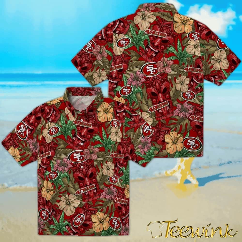 San Francisco 49ers Hawaiian Shirt – Hibiscus Tiki Jungle image 3 San Francisco 49ers Hawaiian Shirt – Hibiscus Tiki Jungle image 3