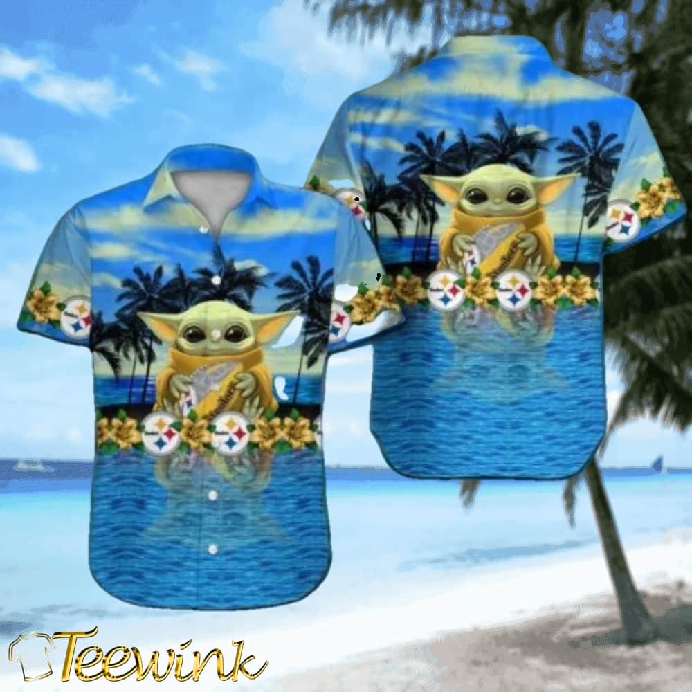 Steelers Hawaiian Shirt Blue Beach Scene With Team Mascot