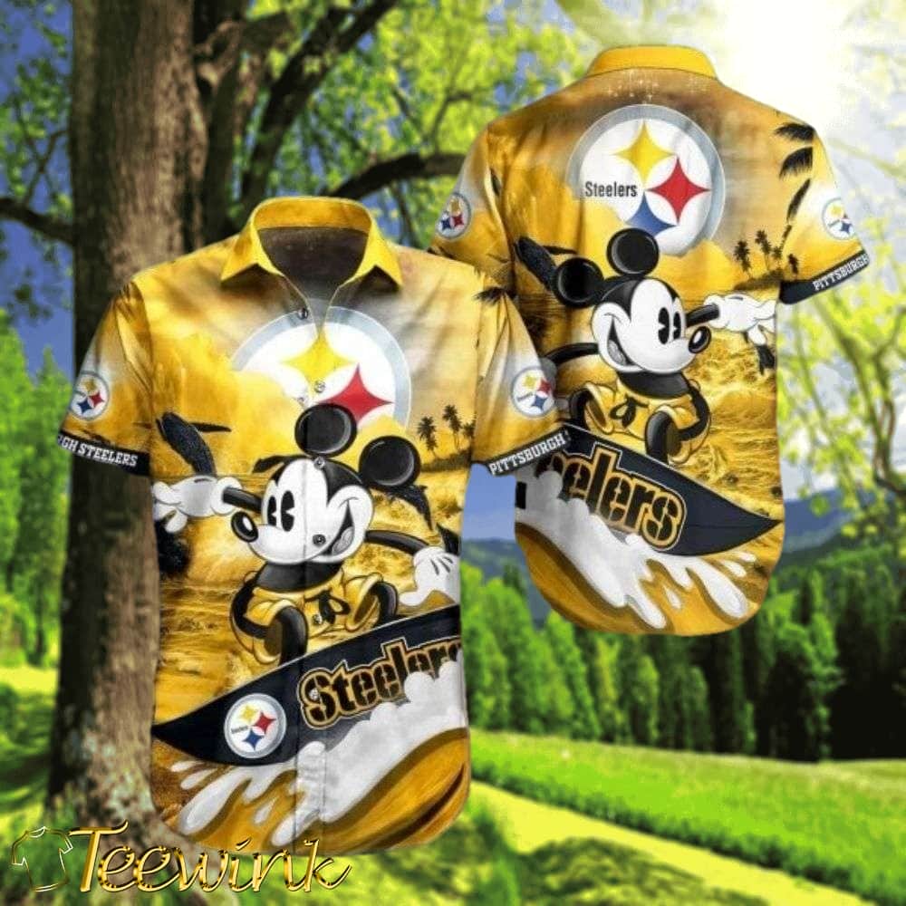 Tropical Touchdown Twilight – Customizable Pittsburgh Steelers Mickey Sunset Hawaiian Shirt