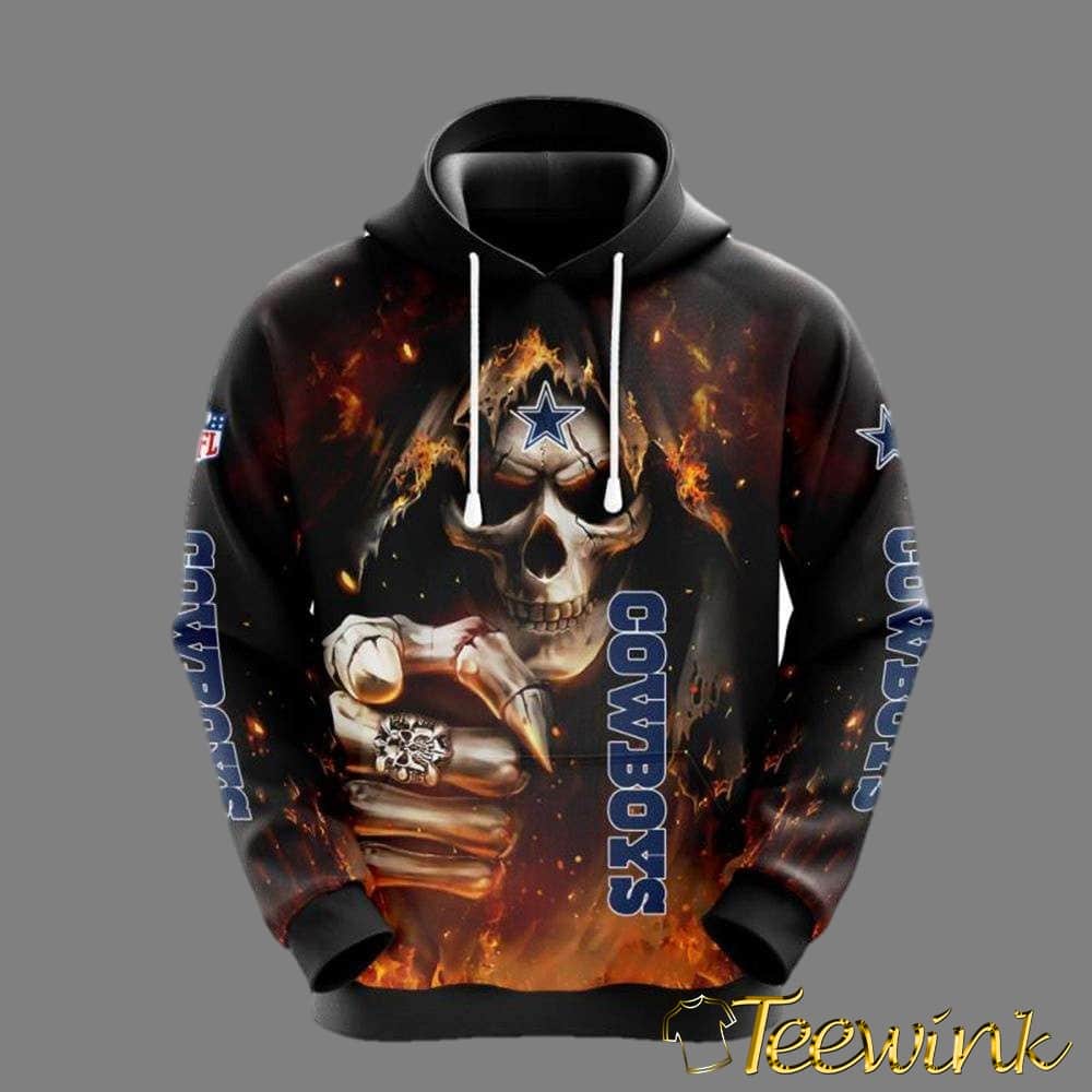 Dallas Cowboys Skeleton Skull Pointing Halloween NFL Hoodie Gifts for Fans
