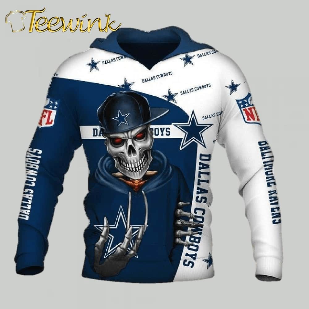 Dallas Cowboys Skeleton Skull Pointing Halloween NFL Hoodie Gifts for Fans