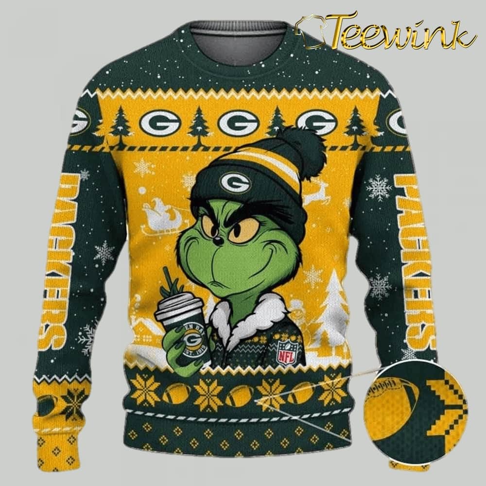 Green Bay Packers The Grinch Drink Coffee Ugly Christmas Sweater, NFL Christmas Sweater