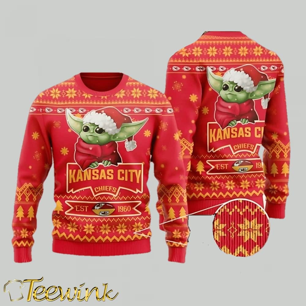 Kansas City Chiefs Cute Baby Yoda Grogu Ugly Christmas Sweater