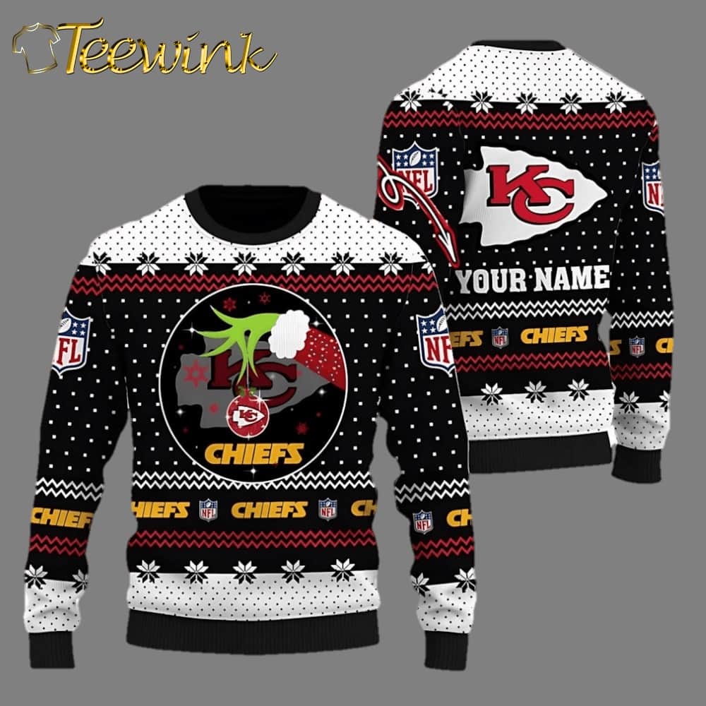 Kansas City Chiefs Grinch Hand Personalized Name 3D Ugly Christmas Sweater