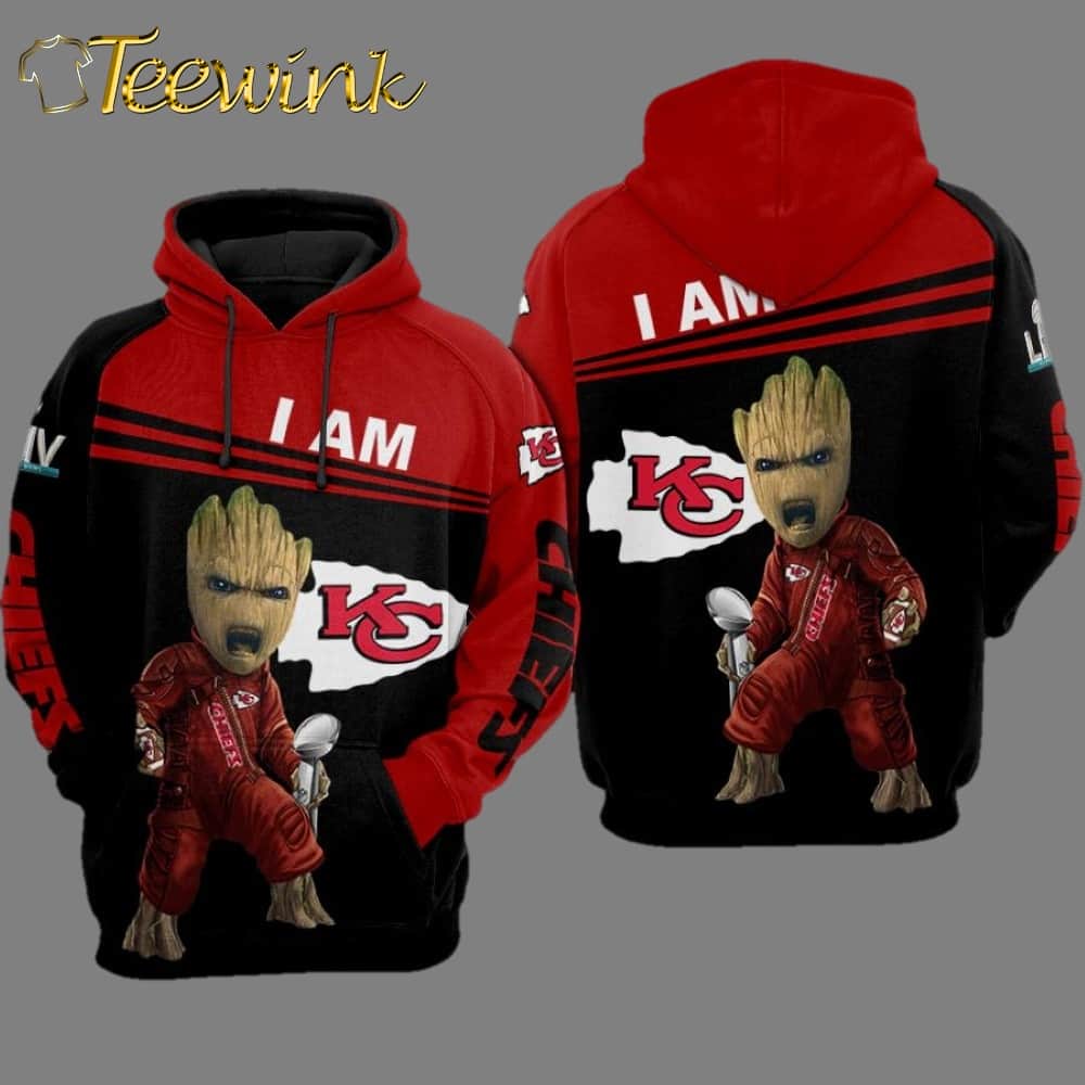 Kansas City Chiefs I Am Baby Groot Red and Black 3D Hoodie image 2 Kansas City Chiefs I Am Baby Groot Red and Black 3D Hoodie image 2