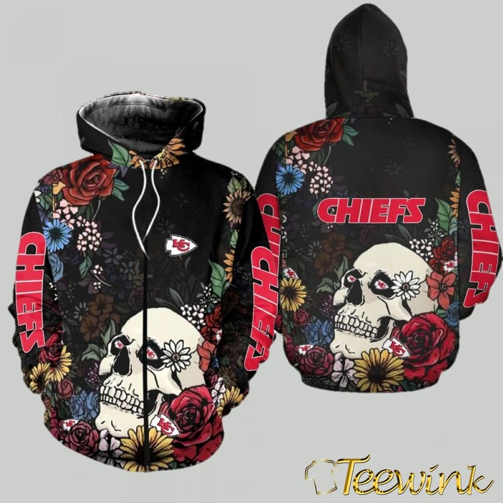 Kansas City Chiefs Skull and Flowers 3D Hoodie
