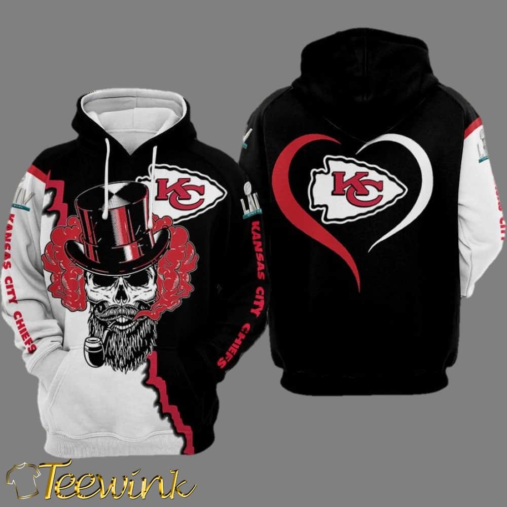 Kansas City Chiefs Skull and Heart Black and White 3D Hoodie
