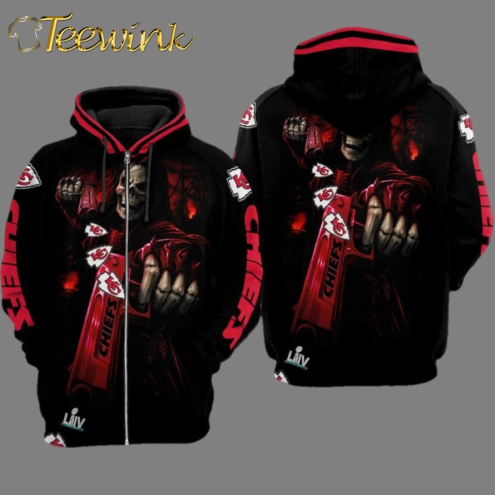 Kansas City Chiefs Undead and Gun Red and Black 3D Hoodie image 2 Kansas City Chiefs Undead and Gun Red and Black 3D Hoodie image 2