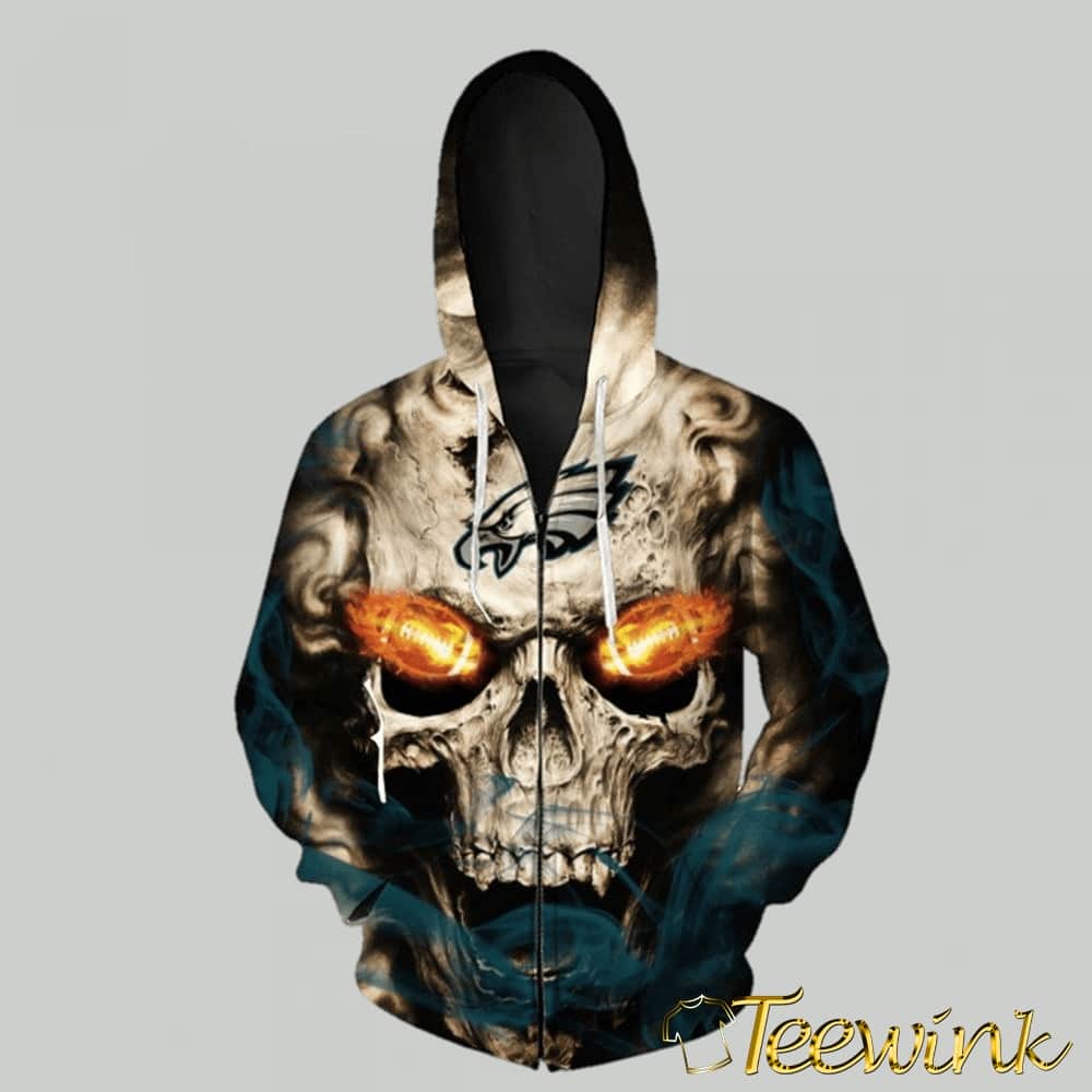 Skull Philadelphia Eagles Blazing Football And On Fire In Skulls Eyes 3D Hoodie
