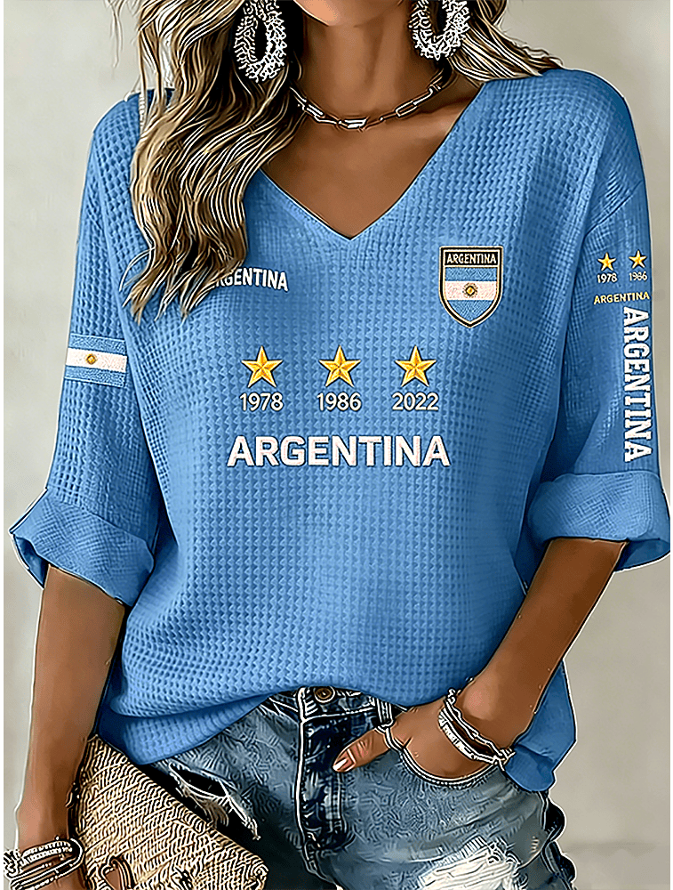 Argentina World Cup Games V-Neck Long Sleeve Shirt FIFA World Cup Merch Soccer Players Gifts