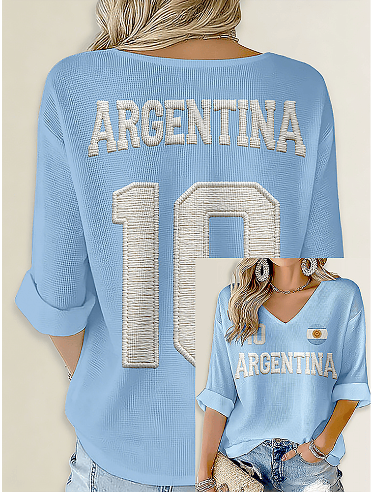 Argentina World Cup M10 V-Neck Long Sleeve Shirt Argentina Soccer Apparel M10 Fan Gifts