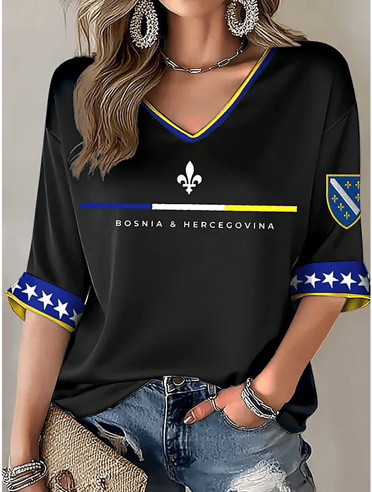 Bosnia And Herzegovina World Cup V-Neck Long Sleeve Shirt Bosnia Soccer Merch Fan Clothes