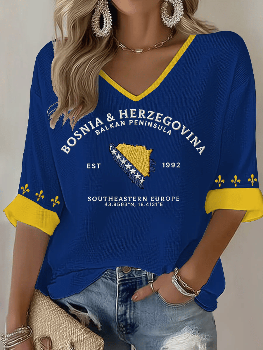 Bosnia And Herzegovina World Cup V-Neck Long Sleeve Shirt Football Apparel World Cup Fan Gifts