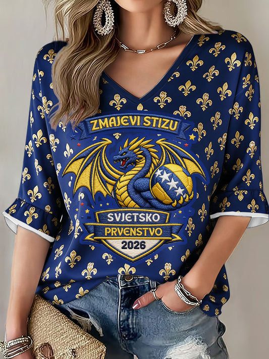 Bosnia World Cup 2026 Zmajevi V-Neck Long Sleeve Shirt Bosnia World Cup Group Apparel