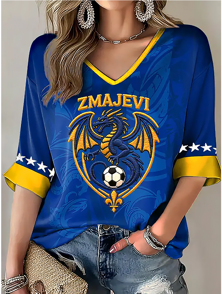 Bosnia World Cup 2026 Zmajevi V-Neck Long Sleeve Shirt Soccer Outfit For Girlfriend