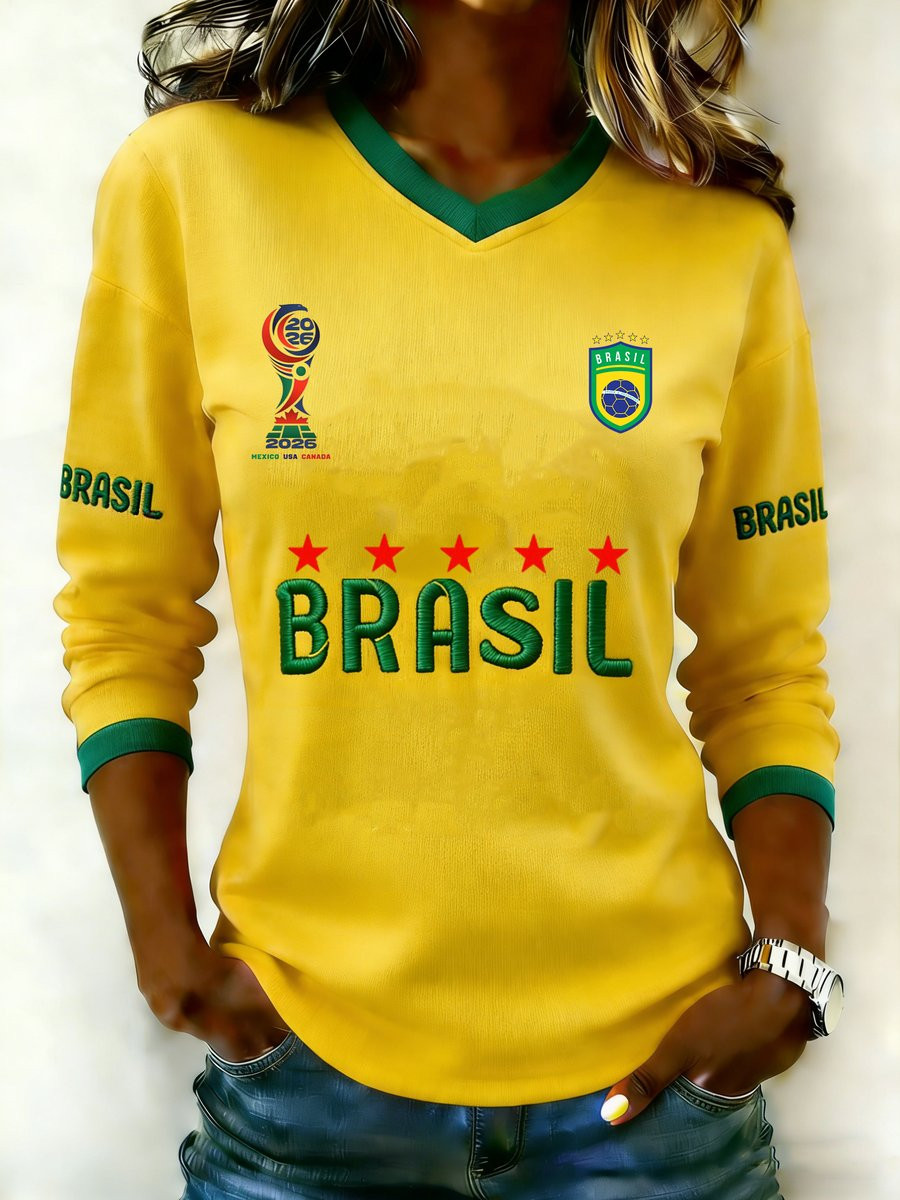 Brazil FIFA World Cup 2026 V-Neck Long Sleeve Shirt Brazil World Cup Team Shirts Fan Gifts