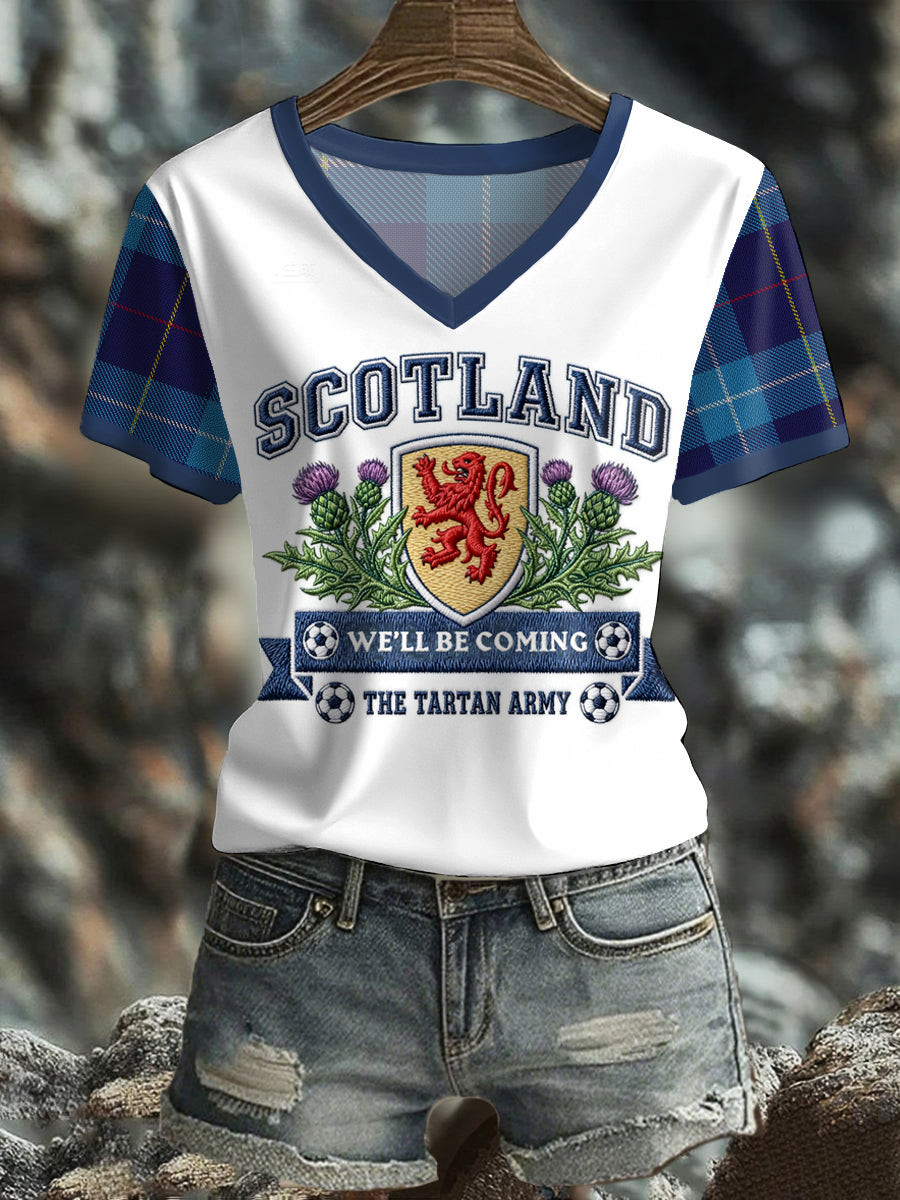 Scotland World Cup 2026 Merch Tartan Army We'll Be Coming V-Neck Shirt For Women