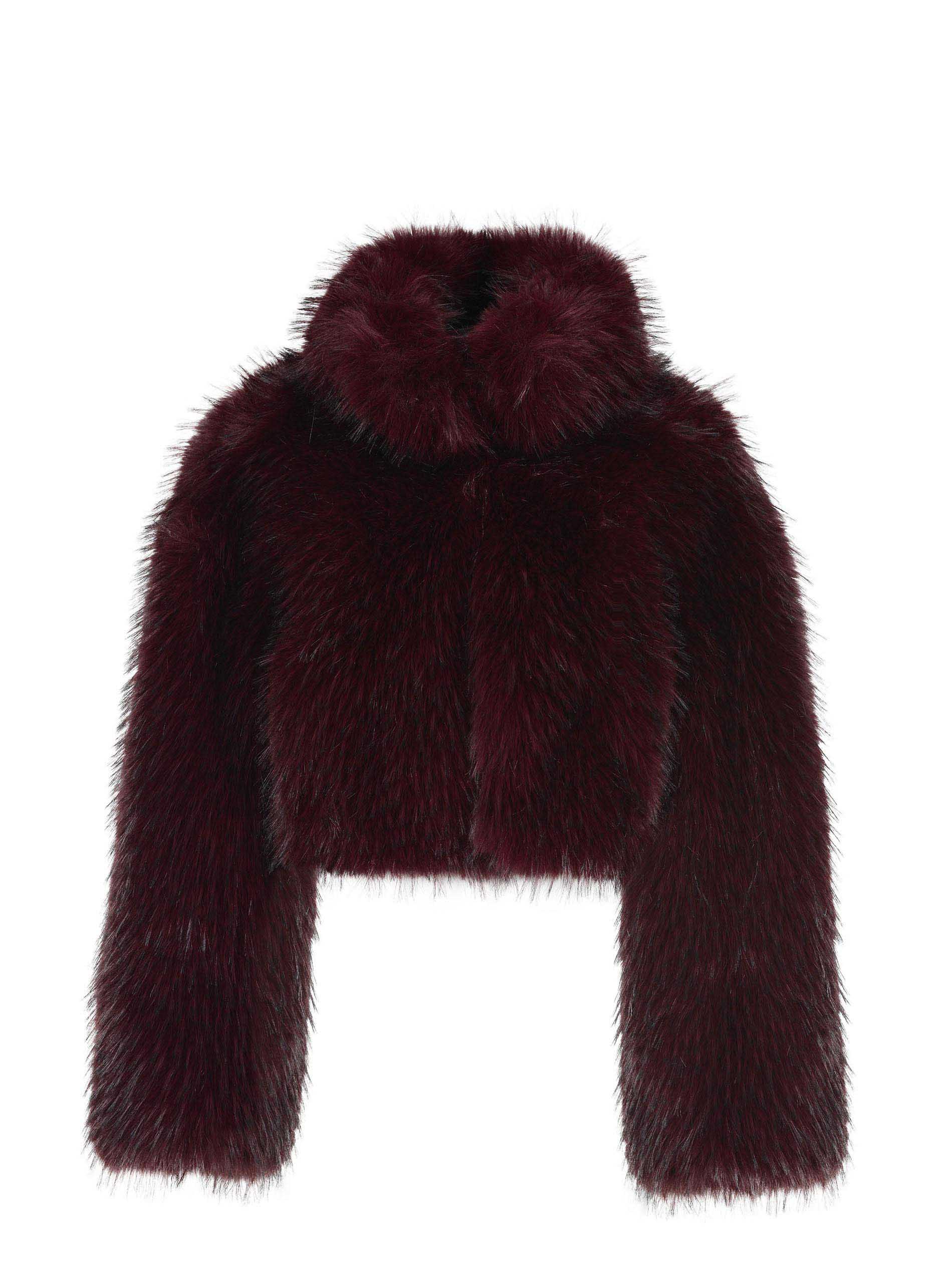 Rotate Birger Christensen Bordeaux Cropped Fur Jacket With Concealed Front Closure In Faux-fur Woman