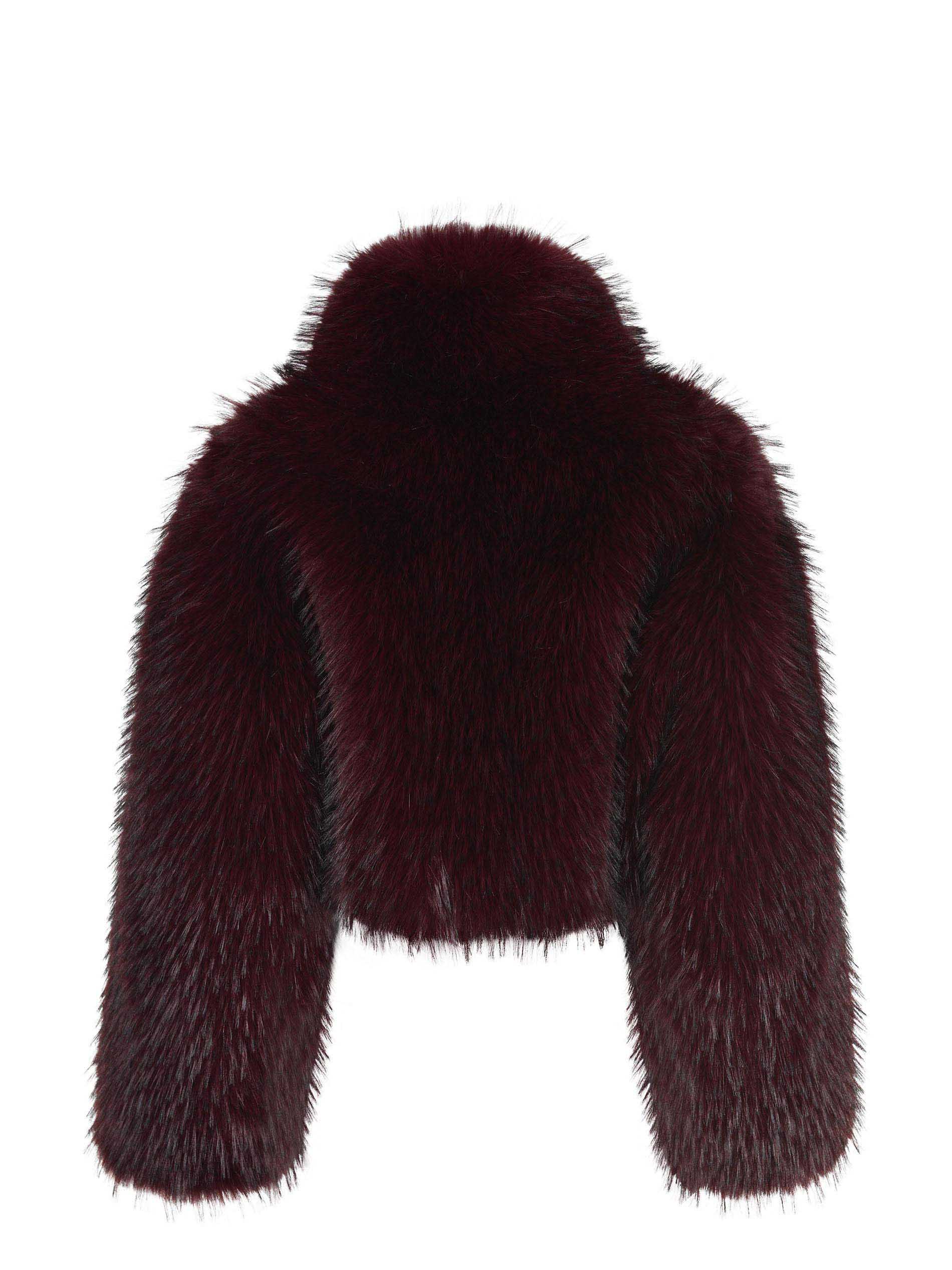 Rotate Birger Christensen Bordeaux Cropped Fur Jacket With Concealed Front Closure In Faux-fur Woman
