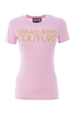 T-shirt versace jeans couture lilla da donna a manica corta con logo silver  frontale - VERSACE JEANS COUTURE - Pavidas
