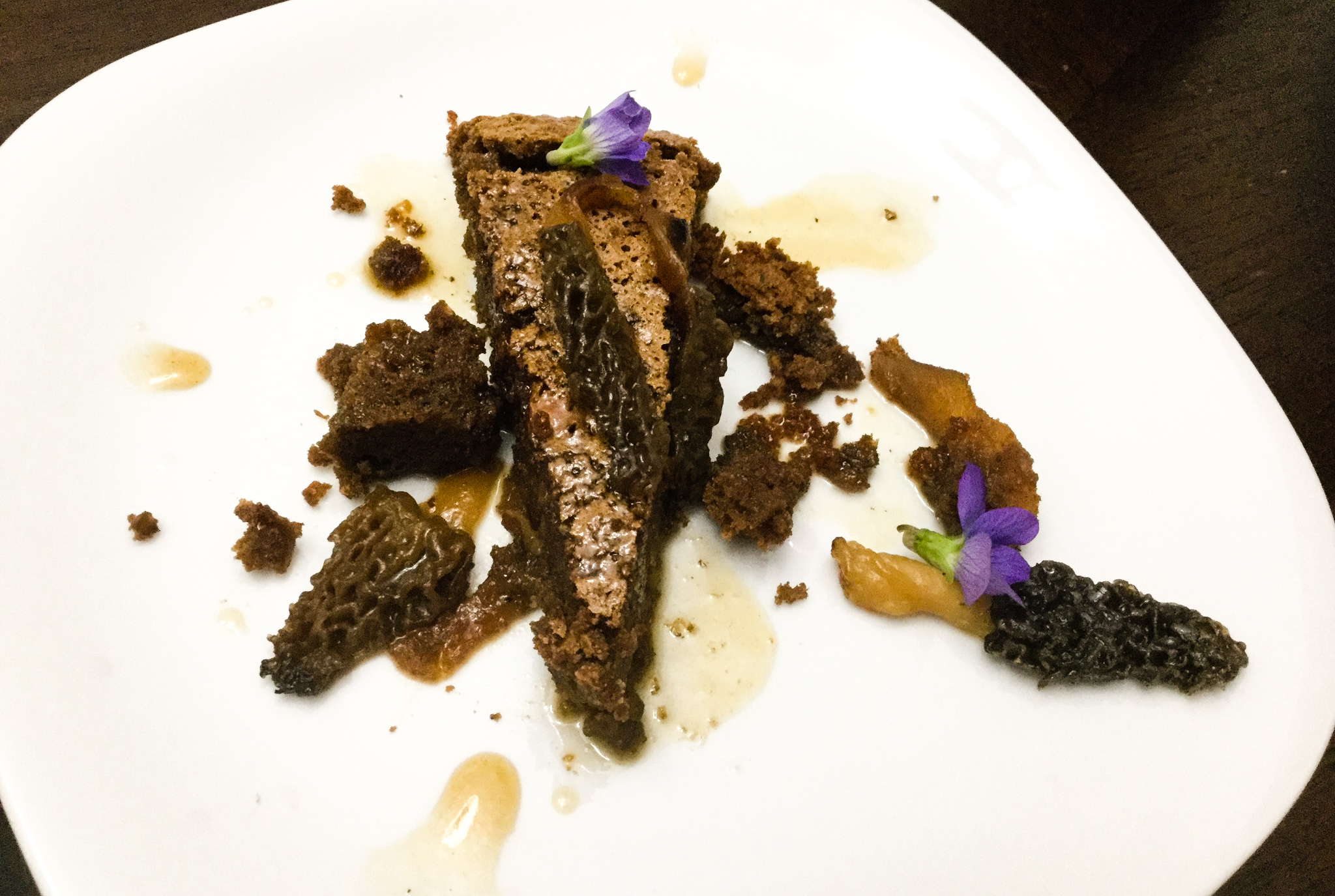 Morel mushrooms for dessert? Yep. The Tyrant's candied morel mushroom torte with maple butter glaze and violas was so dang delicious. Morel mushrooms.