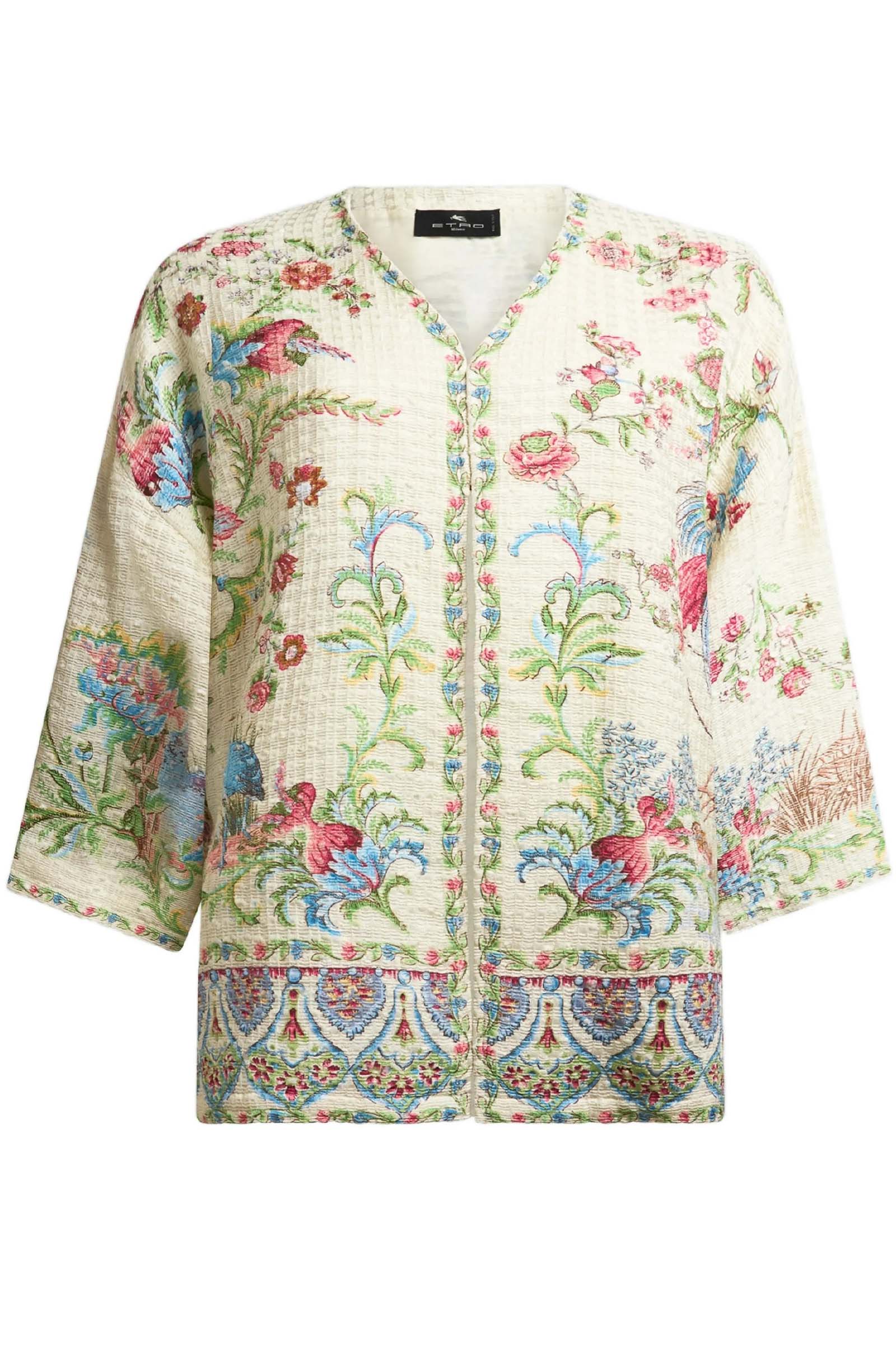 Giacca kesa in stuoia di misto cotone con motivo flora e fauna