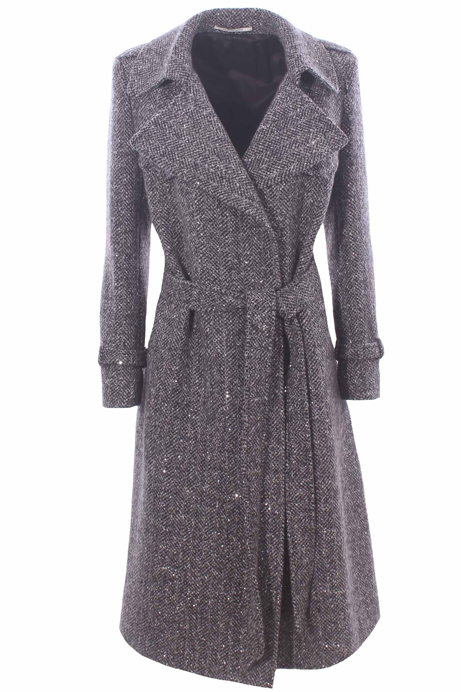 Cappotto trench in lana con applicazioni paillettes
