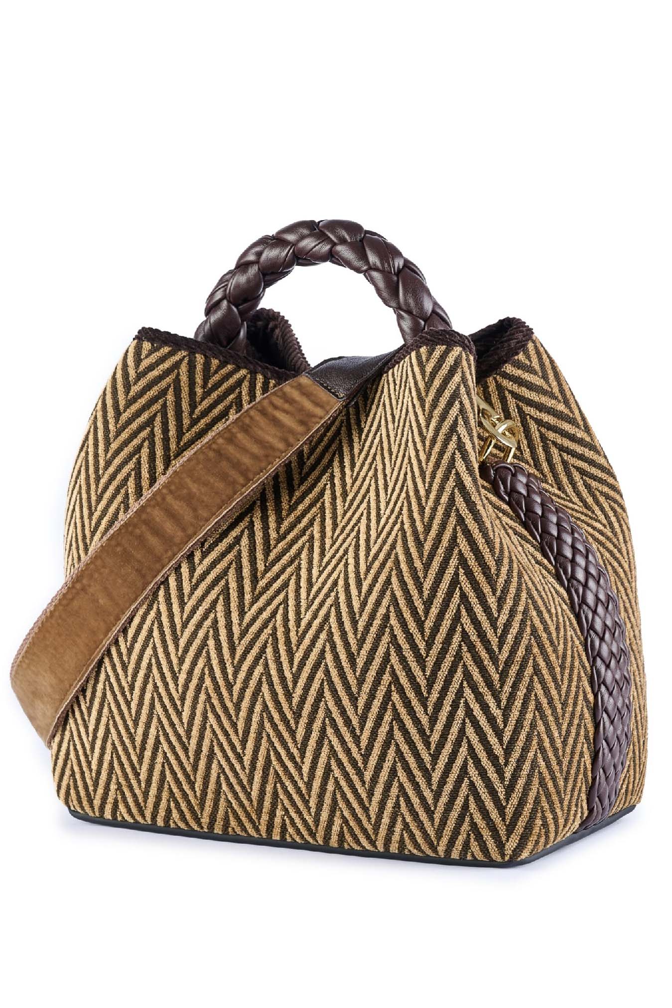 Secchiello in ciniglia jacquard con dettagli in eco pelle