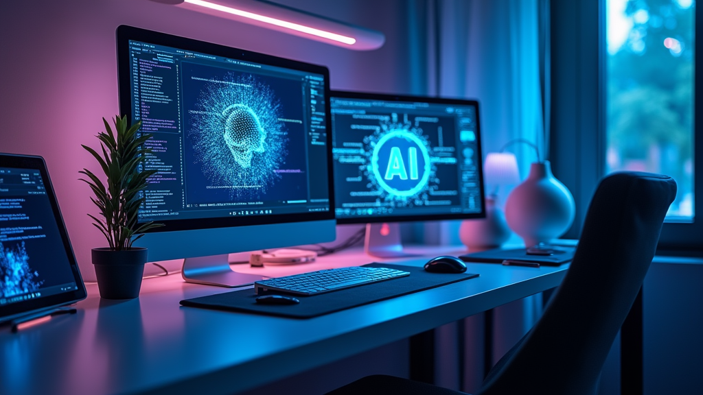 A futuristic digital workspace with computer screens showing code and AI icons, bathed in soft blue and purple light.