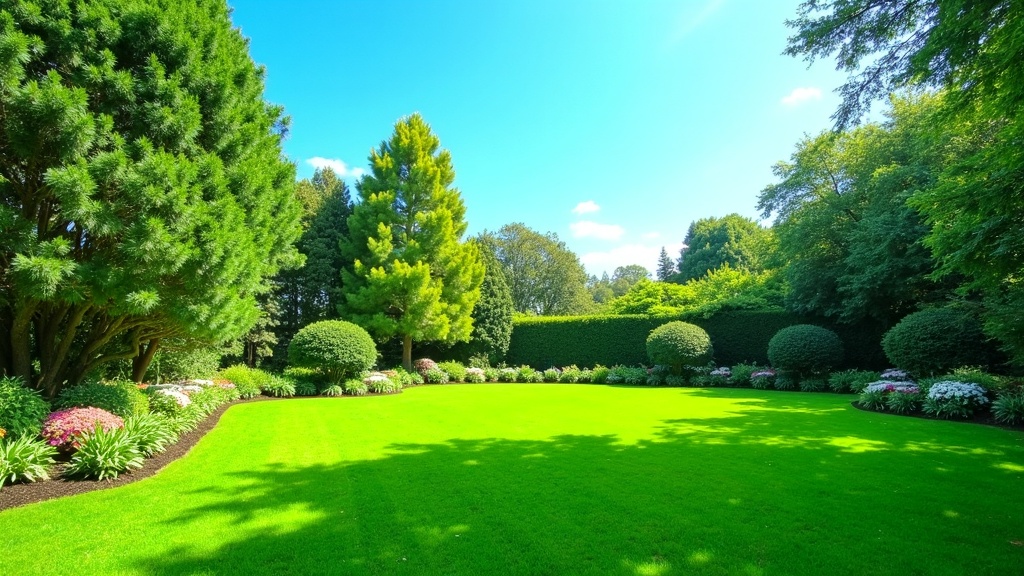 Freshly mowed green lawn with pattern and healthy grass under a blue sky