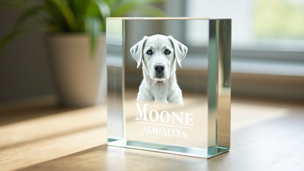 Crystal pet memorial block on a wooden table with gentle natural lighting.