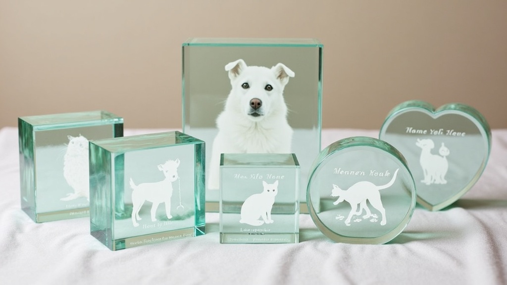 Collection of etched glass and crystal pet memorial blocks on a soft background with gentle lighting.