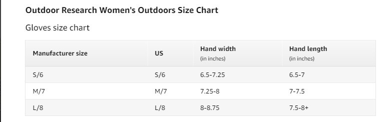 outdoor research women glove size chart