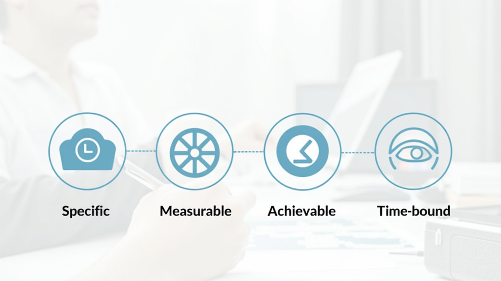 A visual diagram of the SMART goals framework, featuring icons for each step: Specific, Measurable, Achievable, Relevant, and Time-bound, set against a clean workspace background.