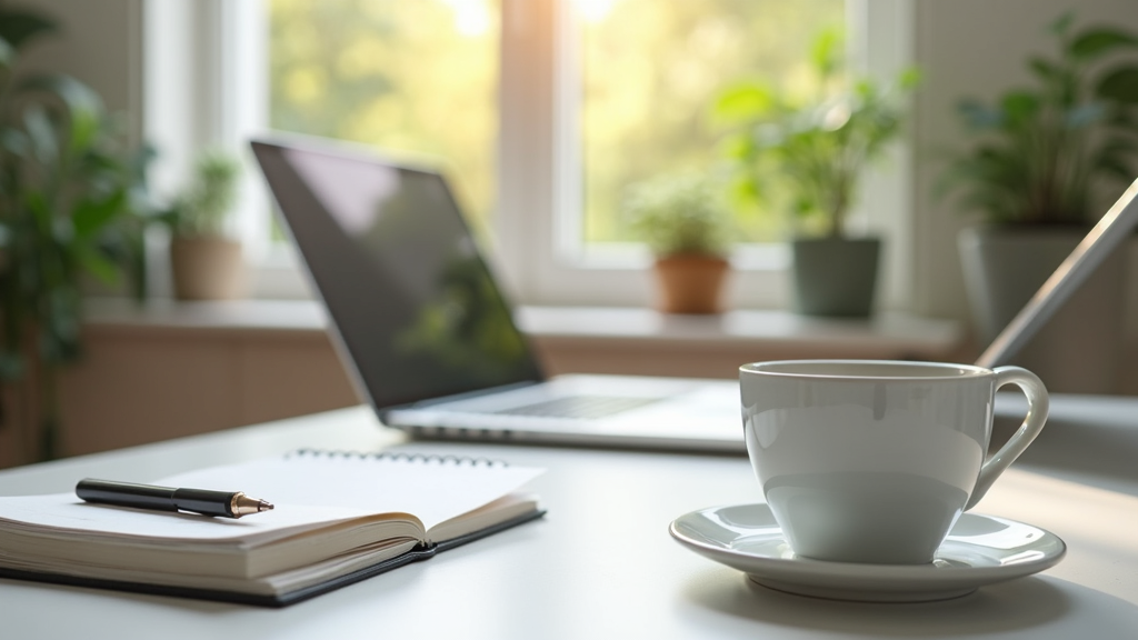Calm workspace with natural light, notebook, laptop, and coffee on a tidy desk