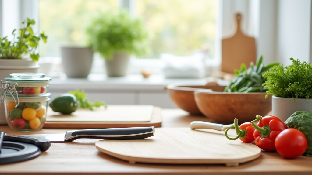 Organized kitchen countertop full of essential meal prep tools, including cutting boards, glass containers, sharp knives, and mixing bowls. Bright, natural light and fresh veggies add to the healthy, welcoming vibe.
