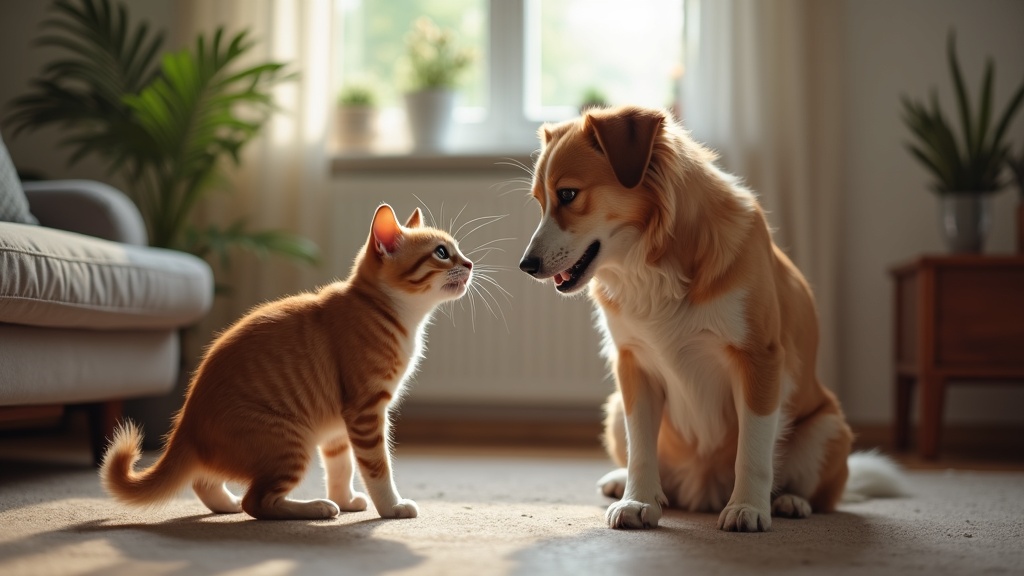 A cat swatting at a surprised dog in a cozy home living room