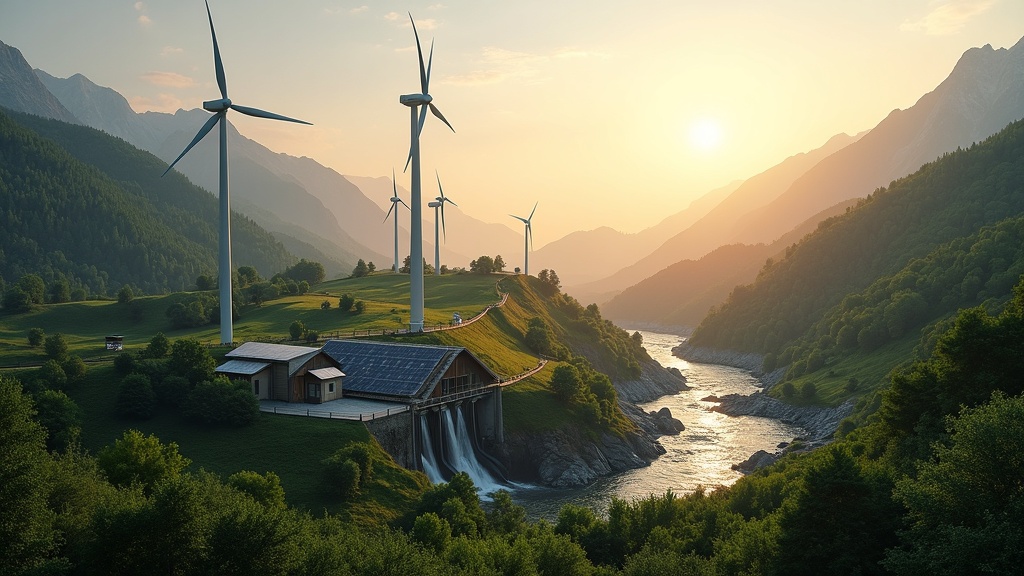 Solar panels and wind turbines with sunrise over green landscape