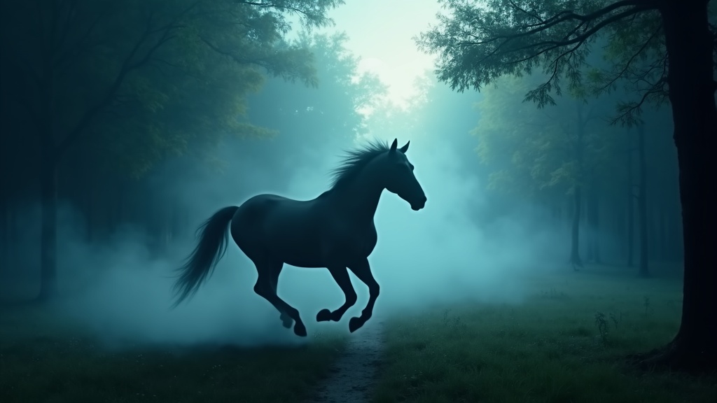 A mystical horse running through a misty, moonlit forest. The scene captures the magical feel often described in horse legends.