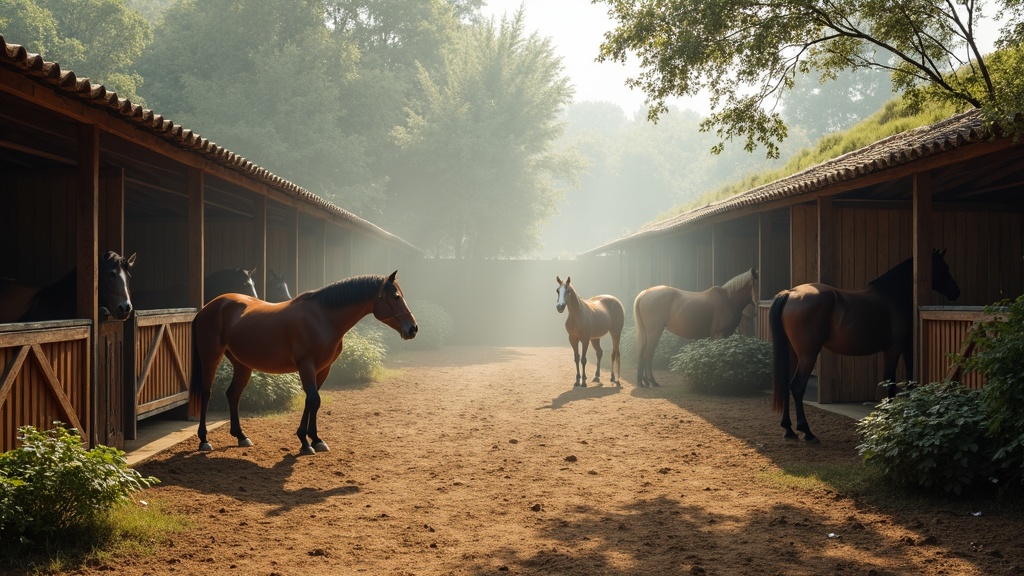 An organized, picturesque stable yard with clean tack, neatly arranged riding gear, and horses in spacious pastures beyond.