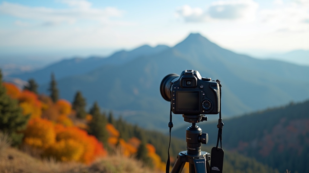 Travel Vlogs Destinations And Tips 1 Scenic viewpoint in a popular travel destination, with a camera on a tripod capturing the view
