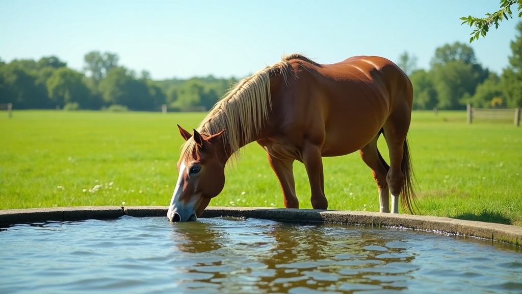 A horse drinking water from a trough in a green pasture.