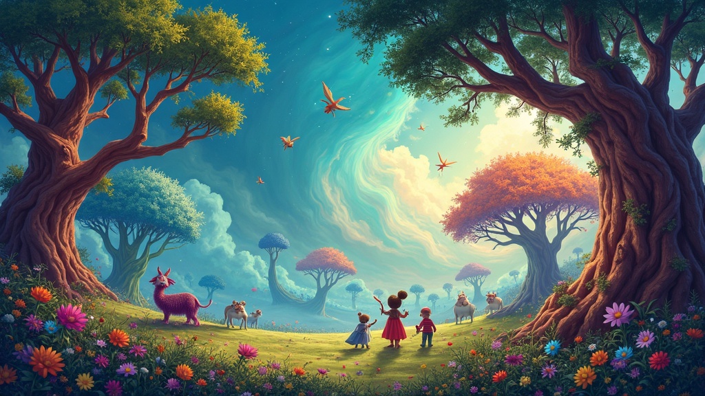 10 Engaging Storytelling Techniques To Captivate Kids 1 A vibrant scene featuring fantastical animals, magical trees, and swirling colors, representing an imaginative storytelling landscape