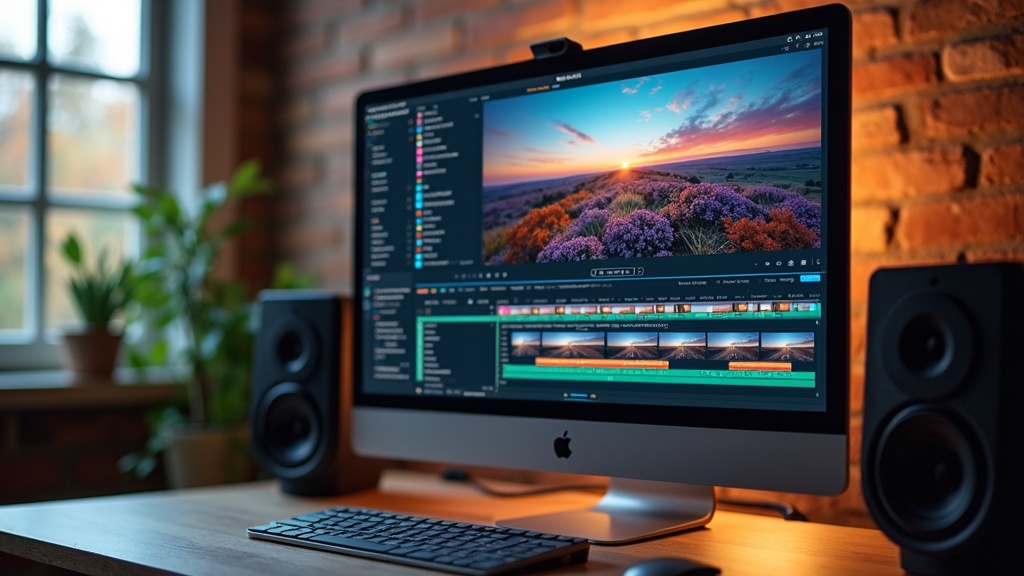 5 Color Grading Techniques For Vloggers 1 Color grading timeline on a computer monitor displaying a vibrant nature scene