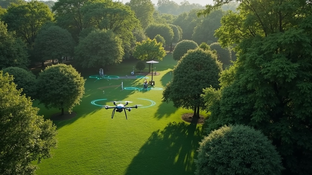 Ai Tree Health Monitoring Systems A drone flying over a green forest collecting data for an AI tree health monitoring system