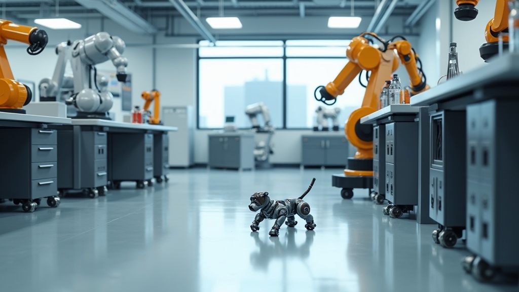 A laboratory workspace showing various advanced robots, robotic arms assembling intricate machinery, and a small robot dog autonomously moving across the floor.