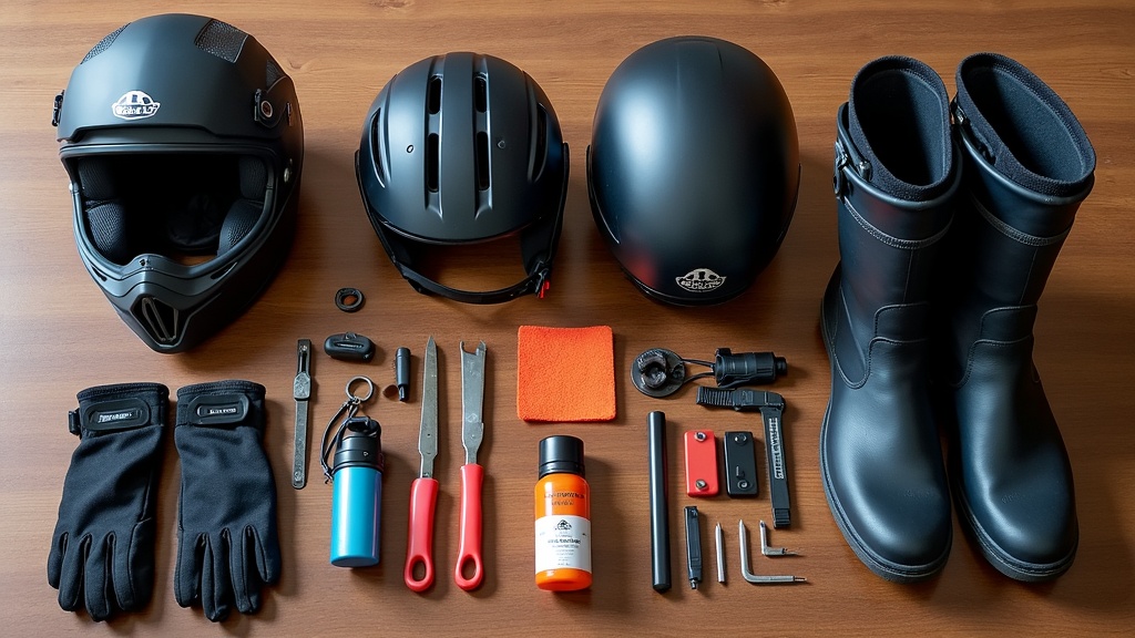 Assorted beginner rider gear neatly arranged on a wooden surface, including helmet, gloves, boots, and a water bottle.