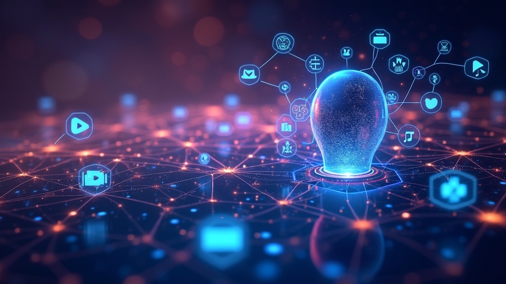 Ai And Innovation For Content Creators 2 AI concept illustration with digital content elements, such as icons for video, blogs, music, and design, interconnected across a bright, creative workspace.